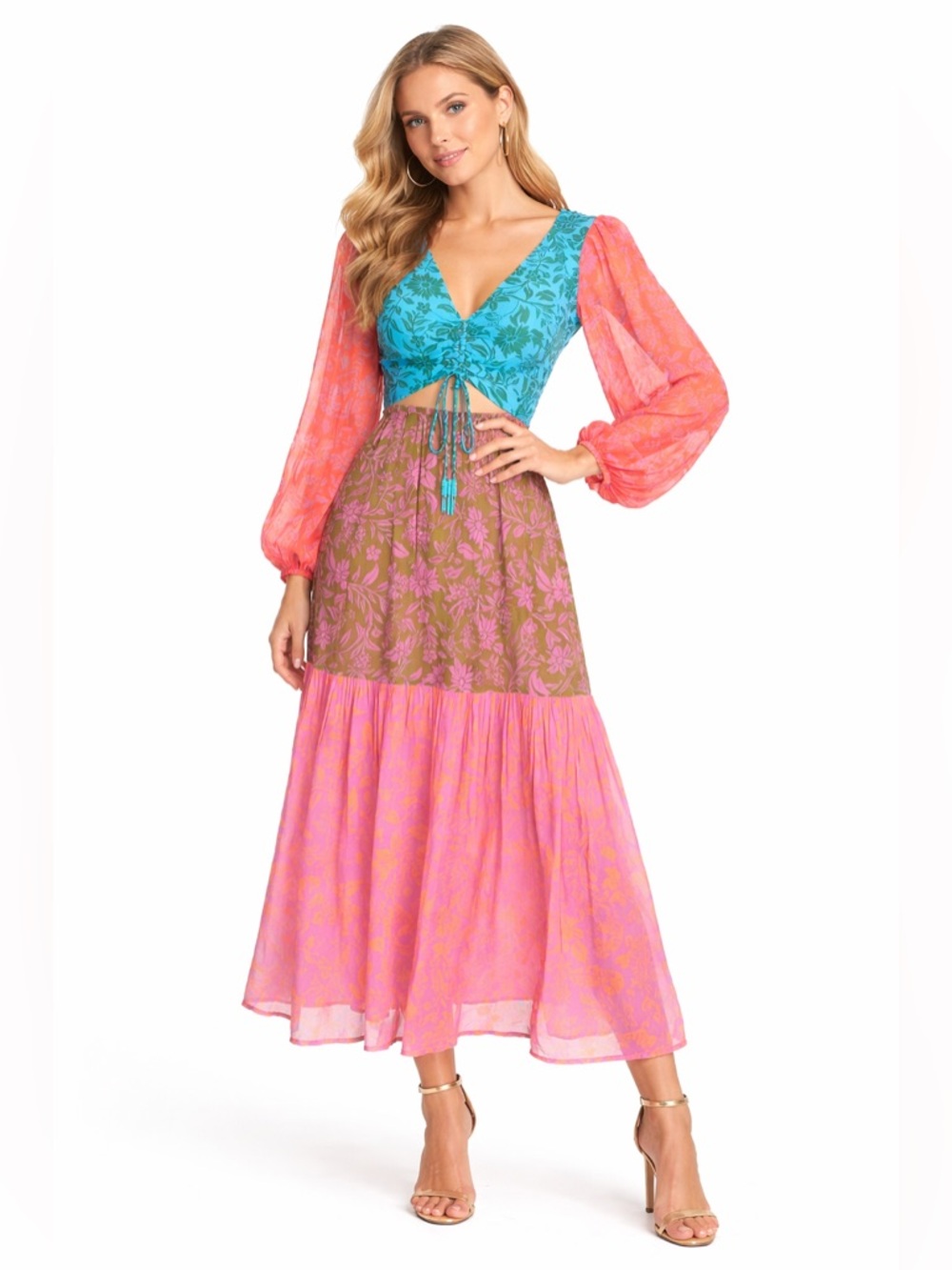 FARM RIO Vibrant Floral Long Sleeve Cutout Maxi Dress ~ Sz XS